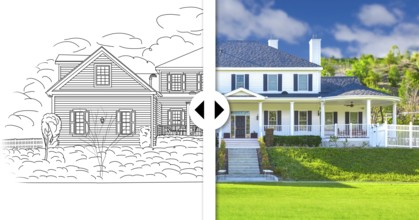 Before and after slider comparing pencil sketch drawing plans and completed custom house