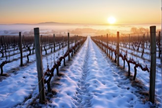 AI generated winter in the vineyard with snow blankets dormant vines and ambient light