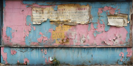 Grunge ripped torn placard posters background in white, pink, blue and yellow colors, AI generated