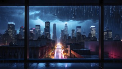 AI generated raindrops tracing paths down a large window with illuminated cityscape in background