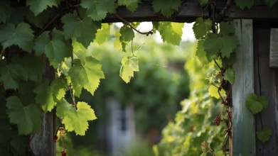 AI generated close up of a rustic vineyard cottage nestled amidst lush summer colored vine leaves