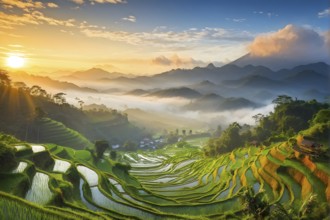 Early morning light bathes Philippines rice terraces cascading down mountain slopes, AI generated