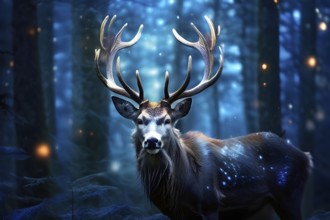 AI generated wildlife image of a morphing deer in a mystic surrounding enhanced with digital art