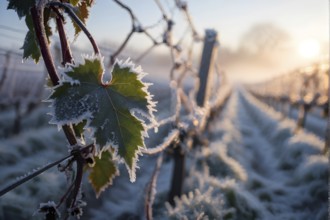 Frost covered vines in early winter with crisp morning light casting a glow on the vineyard, AI