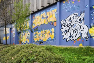 Grafitti on a district sports hall, Siegen, North Rhine-Westphalia, Germany, Europe