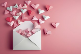 Valentine's Day love letter with envelope and hearts on pink background generated with copy space