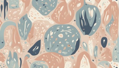 Abstract illustration features a seamless pattern of whimsical hand-drawn shapes and icons in soft