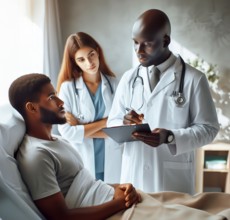 Doctors standing at the bedside of a patient in a hospital, symbol image disease, healthcare,