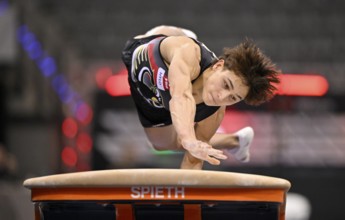 Timo Eder GER vault, gymnastics, artistic gymnastics, gymnast, men, EnBW DTB-Pokal, Porsche-Arena,