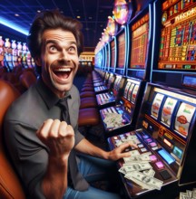 A man sits cheering in a casino, symbolic image gambling addiction, addiction, gambling, gambling