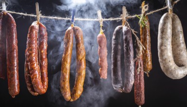 Food, various smoked sausages hanging on a string next to each other in the smoker, AI generated,