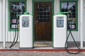 Old historic petrol station with pumps, petrol, oil, combustion, fossil, energy, fuel, environment,