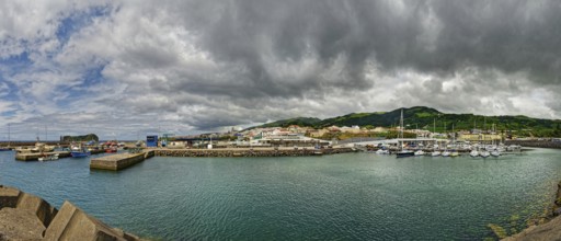 Coastal harbour with boats and houses surrounded by mountains under a cloudy sky, small town of