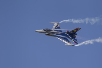 General Dynamics F-16 Fighting Falcon aircraft in Belgium air force colours flying, England, United