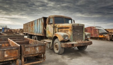 Rusty lorry in a scrapyard, surrounded by other old vehicles, symbol photo, AI generated, AI