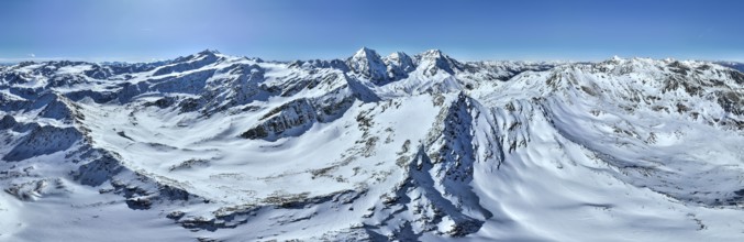 Aerial view, snow-covered mountain landscape, view of Cevedale, Ortler, Monte Zebrù, Königsspitze