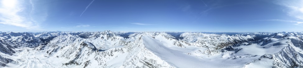 Cevedale summit, Alpine panorama, Aerial view, Snow-covered mountain landscape, Ortler group,