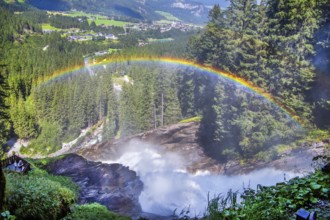 Rainbow over the Krimml Waterfalls, with a drop of 385 metres the highest in Austria, Krimml,