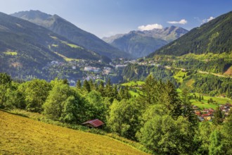 Panorama of valley and village with Radhausberg 2613m from the Gasteiner Höhenweg, Bad Gastein,