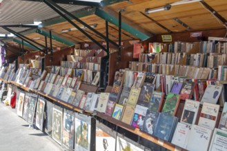 Street stalls offer a variety of books and antiques along the Seine, Paris