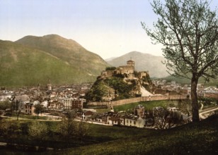 Fortress Château fort de Lourdes and the village, France, ca 1890, Historical, digitally restored