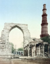 Kutub Minar in Delhi, India, Historic, digitally restored reproduction from a 19th century