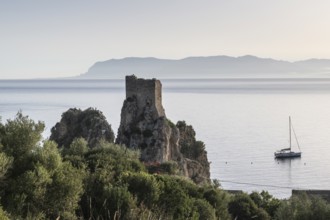 Torre di Scopello, historic defence towers in the rocky bay of Scopello, Sicily, Italy, Europe