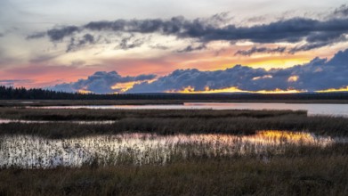 Sunset, lakes and moorland, Lapland, Finland, Europe