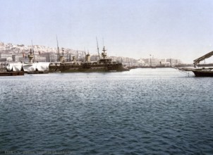 Harbour with warships, Algiers, Algeria, ca 1890, Historical, digitally restored reproduction from