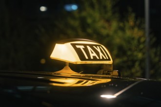 An illuminated taxi roof at night, surrounded by darkness and trees, Stuttgart, Germany, Europe