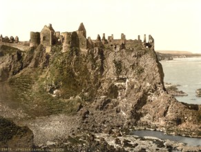 Dunluce Castle, one of the largest ruins of a medieval castle in Ireland. It is located on a basalt