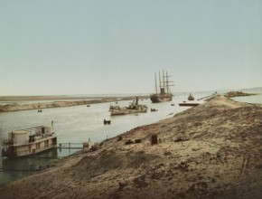 Suez Canal, Entrance to the Salt Lake, Egypt, Historical, digitally restored reproduction from a