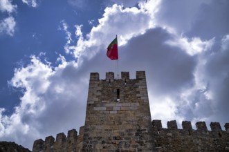 Defence defence tower, castle wall, Portuguese flag, castle, Castelo de São Jorge, Lisbon,