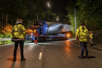 Transport of a 68 metre long, 22 tonne blade of a wind turbine, here in Schwelm, with a