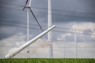 Demolition of the tower of a 20 year old wind turbine, in the Werl wind farm, 5 old Enercon E-66