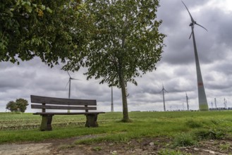 Wind farm north-east of Bad Wünnenberg, field path with park bench, North Rhine-Westphalia,