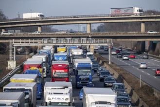 Traffic jam on the A3 motorway, at the Köln-Ost junction, heading south, four lanes jammed with