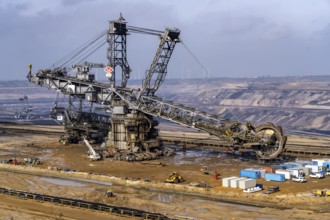 Garzweiler opencast lignite mine, bucket wheel excavator undergoing maintenance and repair, near