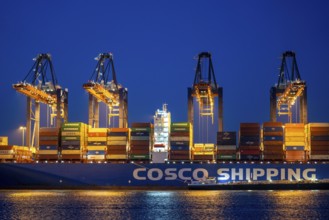 Container ship of the shipping company Cosco Shipping, CSCL SATURN, being loaded and unloaded,