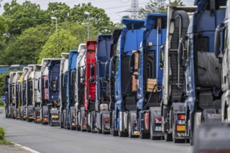 Truck tractors, exclusively from Eastern European countries, park in the harbour area, the canal