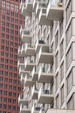 Facades with balconies of high-rise residential buildings, at the Turfmarkt, in the city centre