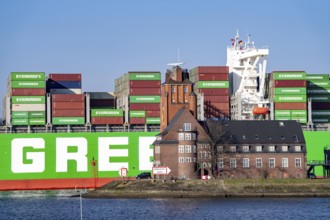 Container ship Ever Gifted, enters the port of Hamburg on the Elbe, shipping company Evergreen,