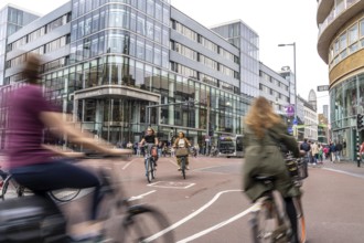 Central cycle path on the Lange Viestraat, in the centre of Utrecht, lanes for pedestrians,