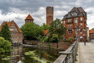 The water tower, river Ilmenau, Ratsmühle, city centre, old town of Lüneburg, Lower Saxony,