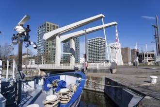 Kattendijkdok, harbour basin, with Lodenbrug bridge, old harbour district, Het Eilandje of Antwerp,