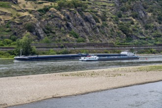 Cargo ship, tanker, on the Rhine in the Upper Middle Rhine Valley, sandbank in the Rhine, due to