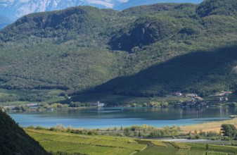 Lake Kaltern, near the village of Kaltern, in the Adige Valley in South Tyrol, one of the two