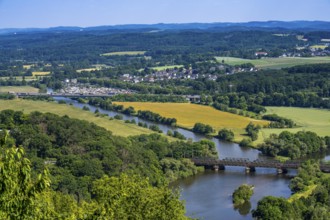 The Ruhr near Hagen, railway bridge, mouth of the river Lippe into the Ruhr, green Ruhr landscape,