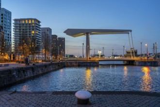 Kattendijkdok, harbour basin, with Lodenbrug bridge, old harbour district, Het Eilandje of Antwerp,