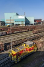 HKM, Hüttenwerke Krupp-Mannesmann in Duisburg-Hüttenheim, diesel locomotive with wagons, Duisburg,